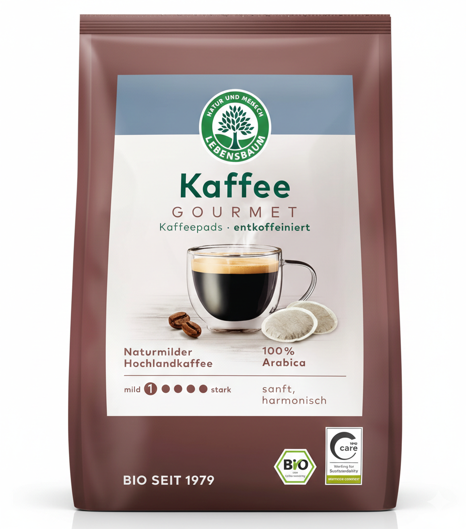 Bio Kaffee von Lebensbaum, entkoffeiniert, für Frühstück, zeigt eine Packung mit 126g, ideal für einen aromatischen Start in den Tag