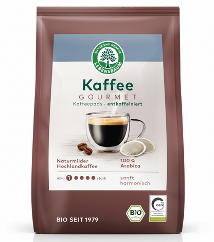 Bio Kaffee von Lebensbaum, entkoffeiniert, für Frühstück, zeigt eine Packung mit 126g, ideal für einen aromatischen Start in den Tag