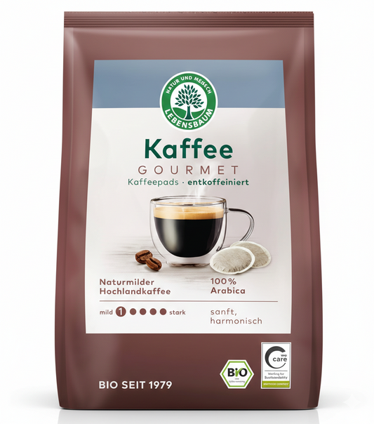 Bio Kaffee von Lebensbaum, entkoffeiniert, für Frühstück, zeigt eine Packung mit 126g, ideal für einen aromatischen Start in den Tag