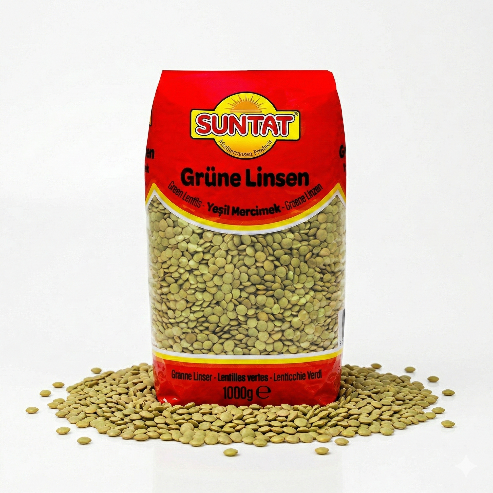 Grüne Linsen von Suntat, 1kg, geeignet zum Kochen, in einer transparenten Schüssel auf einem Holztablett.