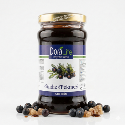Dora Life Wacholderbeerensirup im Glas, ideal für Frühstück, 380g, mit fruchtigem Wacholderbeerengeschmack.