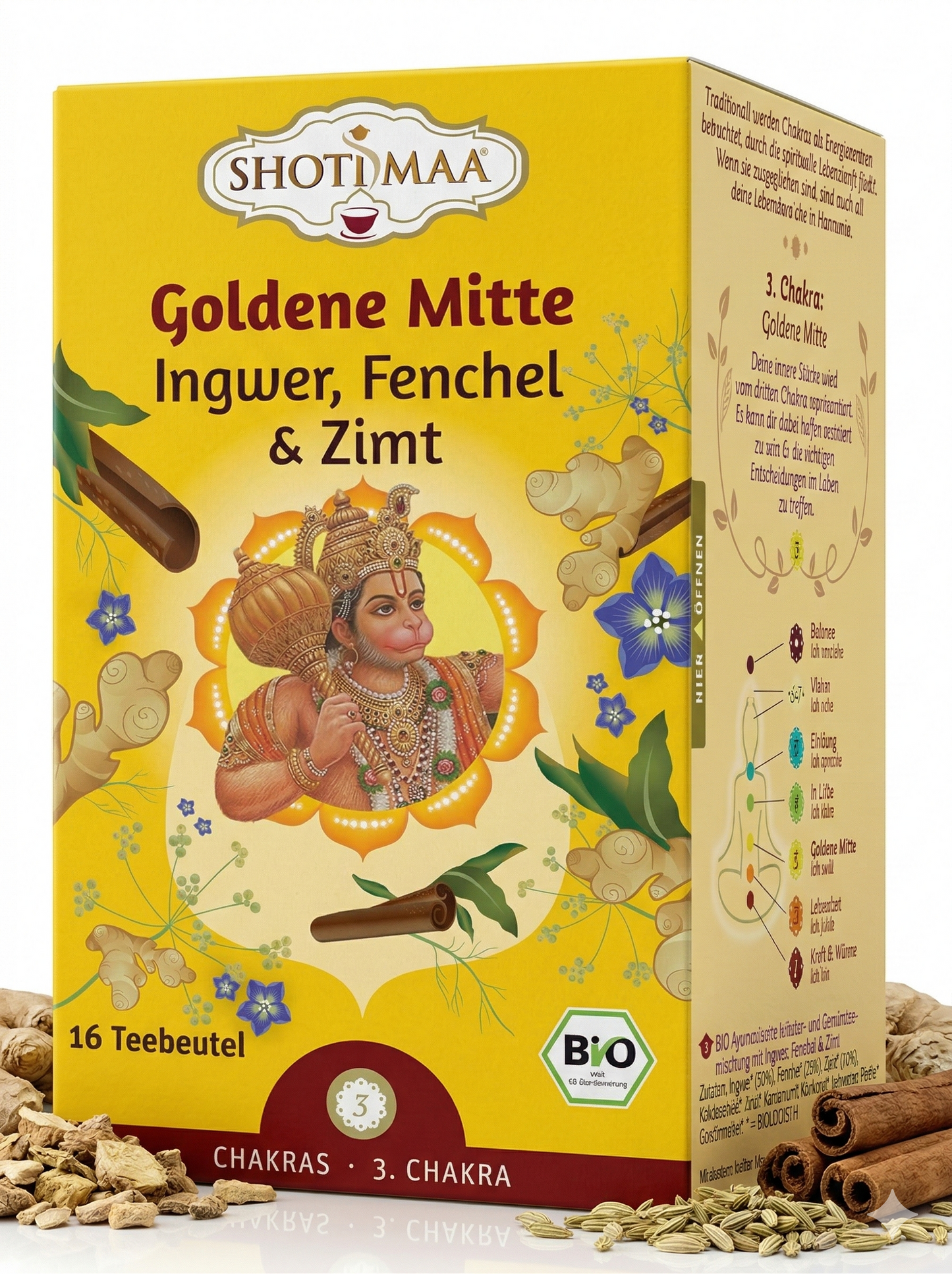 Bio Ayurveda-Tee von Shoti Maa, Goldene Mitte mit Ingwer, Fenchel und Zimt, in einer Packung ab 32g.