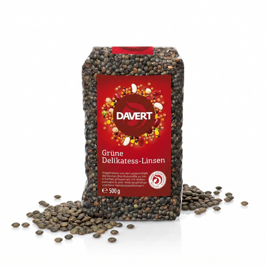Grüne Bio-Delikatess-Linsen von Davert in 500g Packung, ideal für gesunde Kochrezepte, frisch und sortenrein.