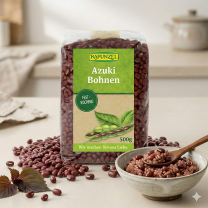 Rapunzel Bio Azukibohnen, Kochbohnen, in einer Schüssel, frische, rohe Azukibohnen, vegan, nährstoffreich, Lebensmittel.