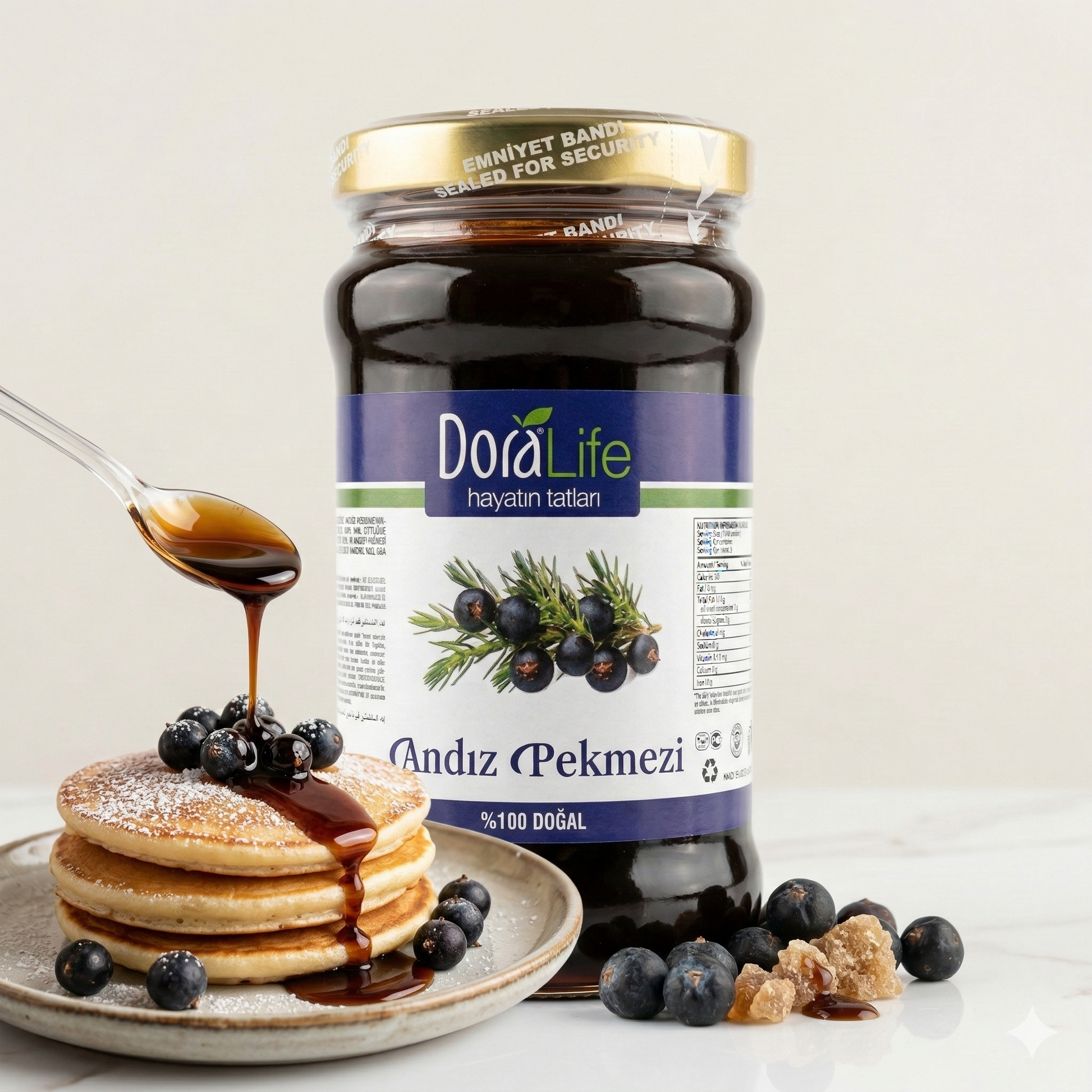 Glas mit Dora Life Wacholderbeerensirup, Frühstückssirup in 380g Glas, dunkler Sirup mit Wacholderbeeren, ideal für Frühstückskreationen