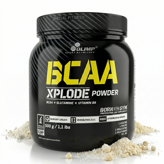Olimp BCAA Xplode Pulver in 500g Dose, mit verschiedenen Geschmacksrichtungen, zeigt das Produkt in einer Dose vor bunter Verpackung