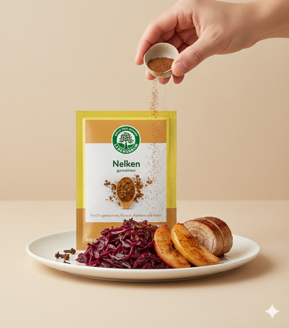 Gemahlene Bio Nelken von Lebensbaum, perfekt zum Kochen, in einer transparenten Gewürzverpackung auf weißem Hintergrund
