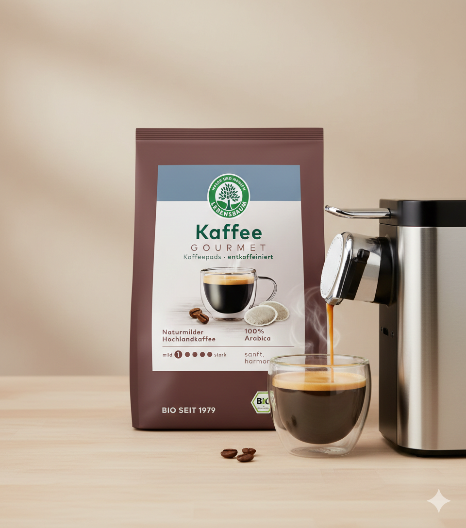 Bio Kaffee Gourmet von Lebensbaum, entkoffeiniert, für Frühstück, zeigt eine Packung mit 126g.