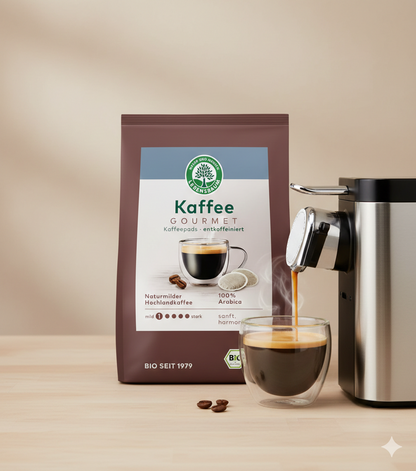 Bio Kaffee Gourmet von Lebensbaum, entkoffeiniert, für Frühstück, zeigt eine Packung mit 126g.