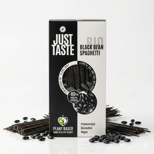 Schwarze Bohnen-Spaghetti von Just Taste, Kochzutat in 250g-Packung, frisch und nahrhaft für gesunde Mahlzeiten.