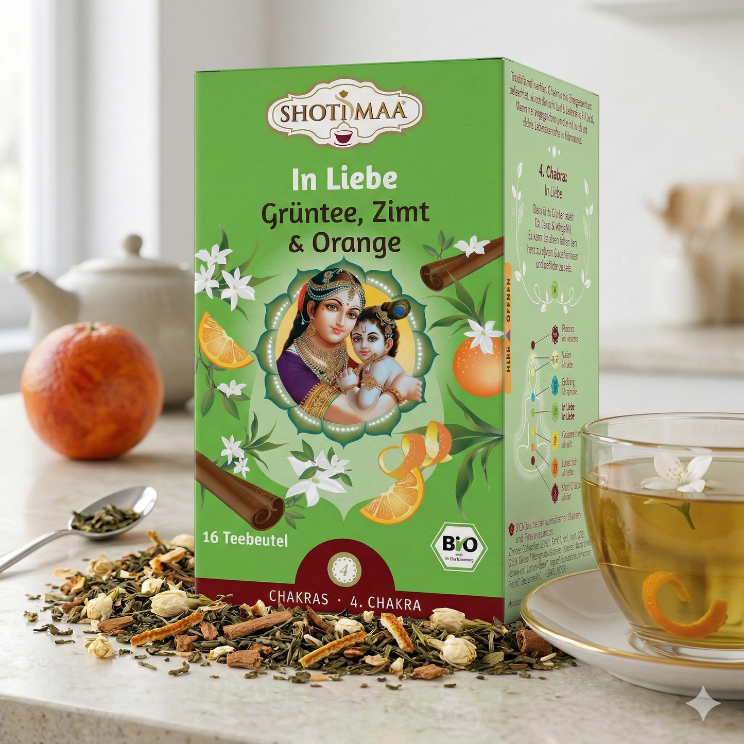 Bio Ayurveda-Tee von Shoti Maa mit grünem Tee, Zimt und Orange, in einer dekorativen Verpackung, 28,8g.