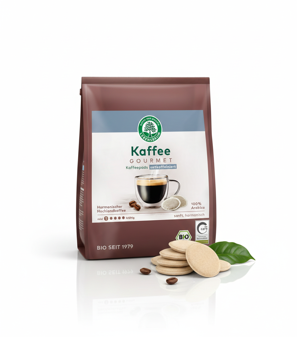 Bio Gourmet Caffè Crema Entkoffeiniert Frühstückspads von Lebensbaum, cremiger Kaffee, 126 g, ideal für den morgendlichen Genuss