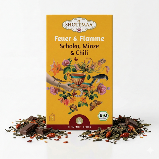 Bio Ayurveda-Tee von Shoti Maa Feuer & Flamme mit Schoko, Minze und Chili, Kräuter- und Teemischung in 32g Packung