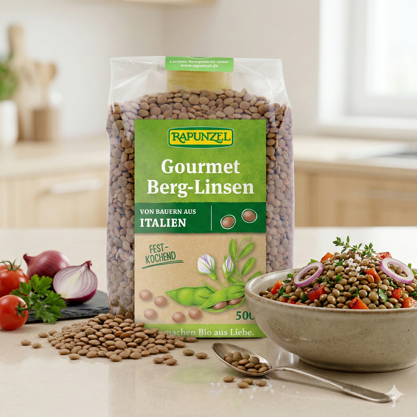 Bio Berglinsen von Rapunzel in 500g Verpackung, ideal zum Kochen, frische grüne Linsen für gesunde Mahlzeiten.