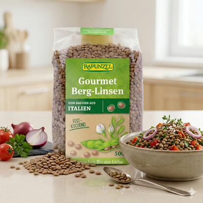 Bio Berglinsen von Rapunzel in 500g Verpackung, ideal zum Kochen, frische grüne Linsen für gesunde Mahlzeiten.