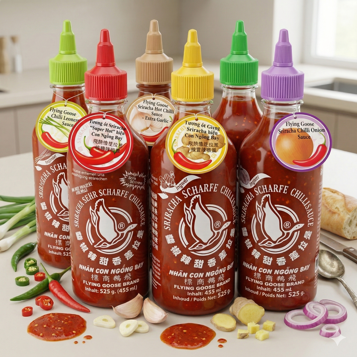 Flasche Flying Goose Sauce mit verschiedenen Geschmacksrichtungen, 455 ml, auf weißem Hintergrund.