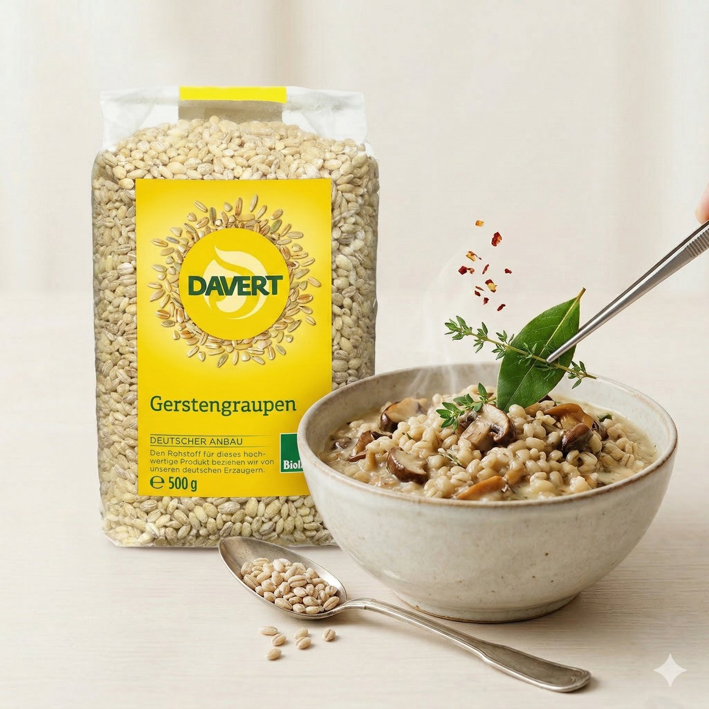Bio Davert Gerstengraupen für Kochen, 500g, naturbelassen und frisch, in einer transparenten Verpackung sichtbar