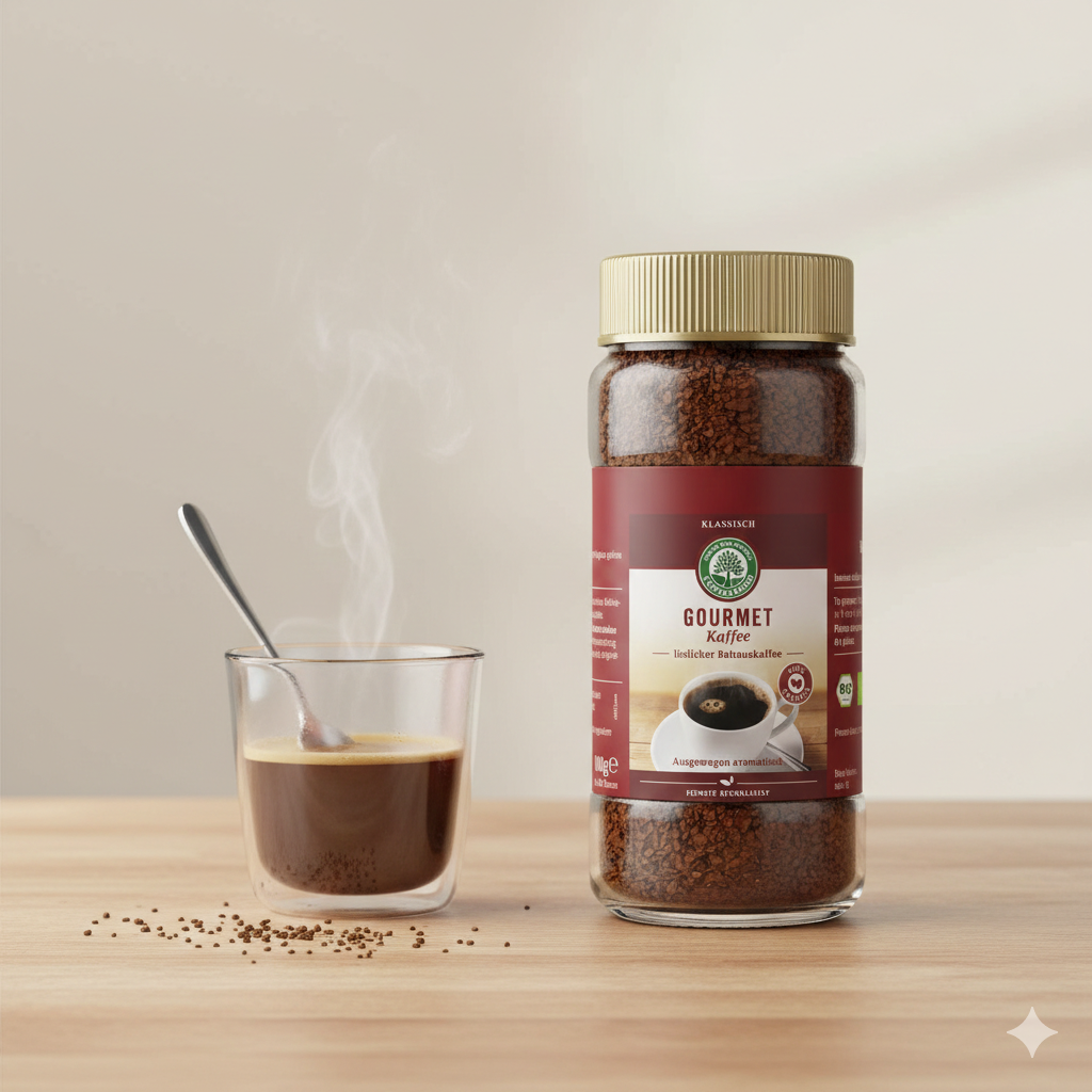 Drei Packungen Lebensbaum Bio Gourmet Kaffee Instant, Frühstück, 3 x 100g, mit Kaffee-Gläsern und Tassen auf weißem Hintergrund