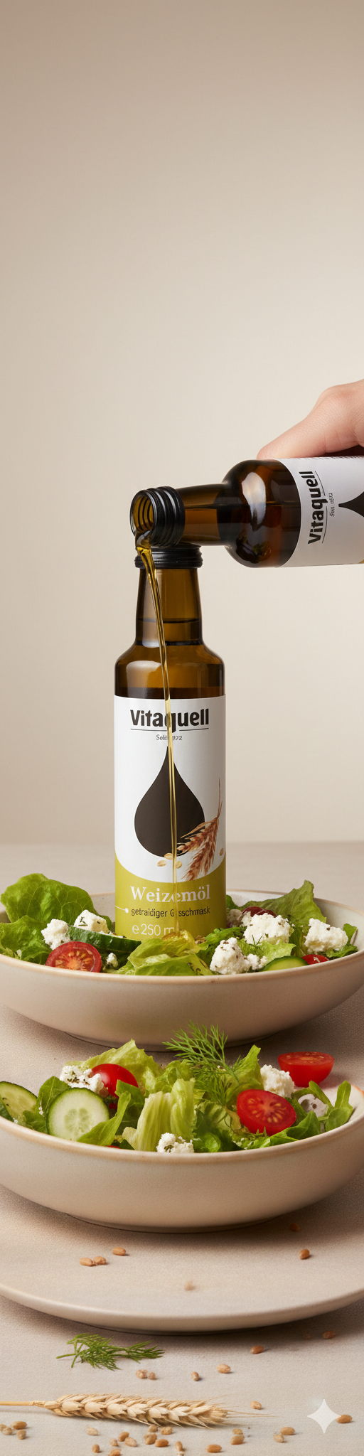 Vitaquell Weizenkeim-Öl kaltgepresst, 250 ml, in einer Flasche, ideal zum Backen, auf einem Küchenhintergrund sichtbar