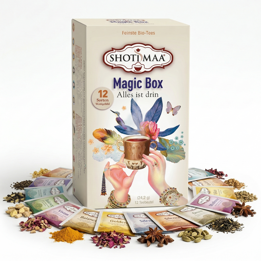 Shoti Maa Hari Tee Bio Magic Box mit Kräuter- und Teemischung, 24,2 g, in dekorativer Verpackung.