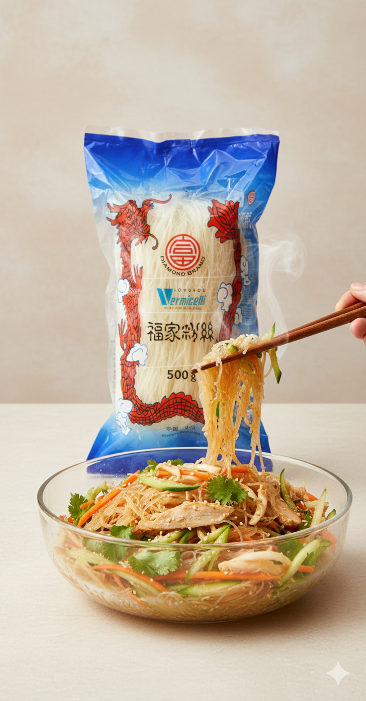 Chinesische Longkou Glasnudeln, 10 Packungen à 250g, zum Kochen, von Longkou, in einer Schüssel mit gekochten Nudeln