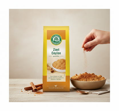 Gemahlenes Bio Zimt Ceylon von Lebensbaum, Gewürz für Backen und Kochen, in 50g Packung, Nahaufnahme des Gewürzes