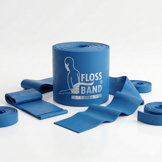 Blaue oder schwarze Dittmann Floss-Band® Fitness-Zubehör, flexibel und strapazierfähig für Muskeldehnung und Mobilitätsübungen.