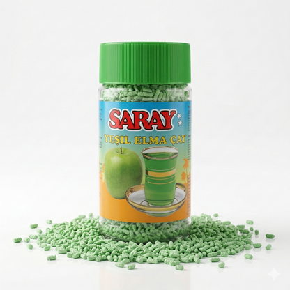 Saray Instant Tee mit grünem Apfelgeschmack, Frühstückstee in 200g Packung, frisch und aromatisch, in einer weißen Tasse serviert