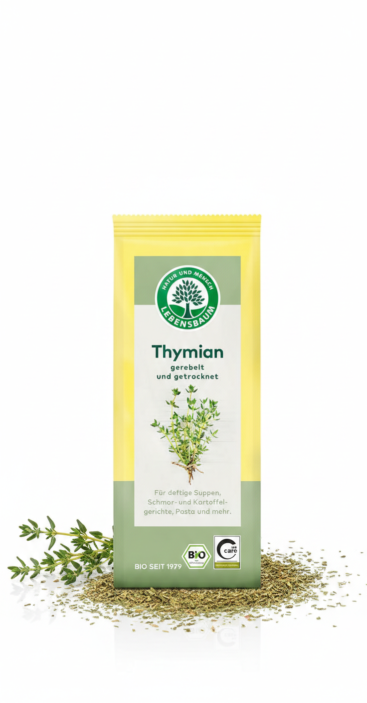 Getrockneter Bio-Thymian von Lebensbaum in gerebelter Form, ideal zum Kochen, auf einem weißen Hintergrund.