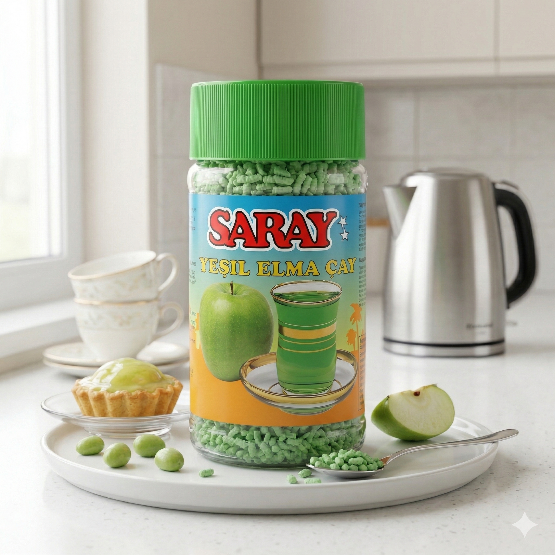 Saray Instant-Tee mit grünem Apfelgeschmack, Frühstückstee in einer 200g Packung, in einer Tasse serviert