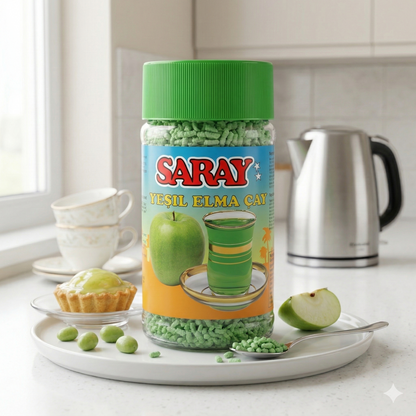 Saray Instant-Tee mit grünem Apfelgeschmack, Frühstückstee in einer 200g Packung, in einer Tasse serviert