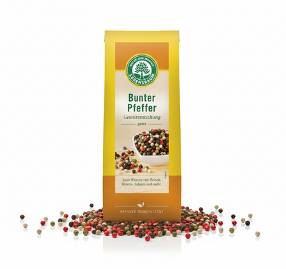 Bunter Lebensbaum Bio Pfeffer Mix ganz in einer Gewürzschale, biologische Gewürze für Kochen und Würzen