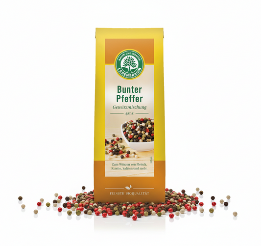 Bunter Lebensbaum Bio Pfeffer Mix ganz in einer Gewürzschale, biologische Gewürze für Kochen und Würzen