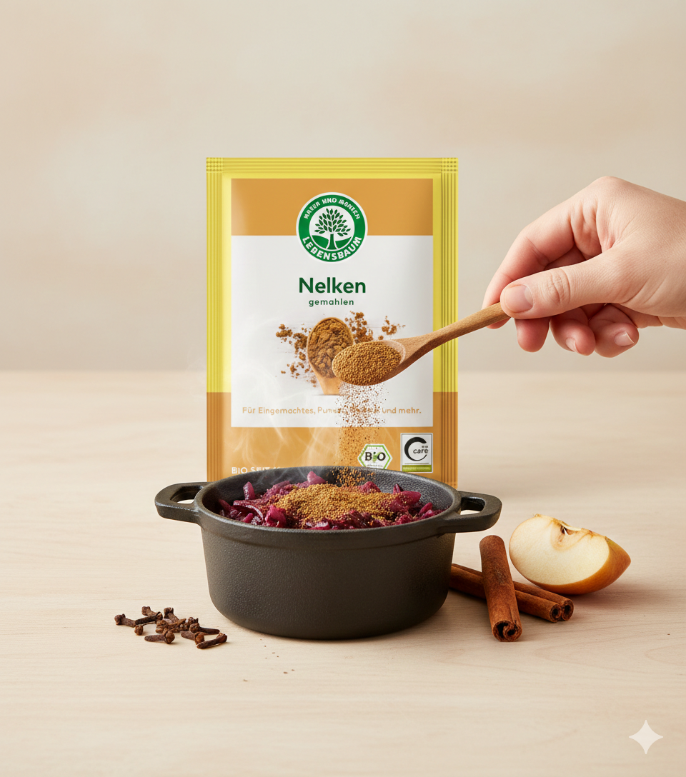 Gemahlene Bio Nelken von Lebensbaum, ideal zum Kochen, in einer 10g Verpackung, zeigt die gemahlenen Nelken in einer transparenten Schale