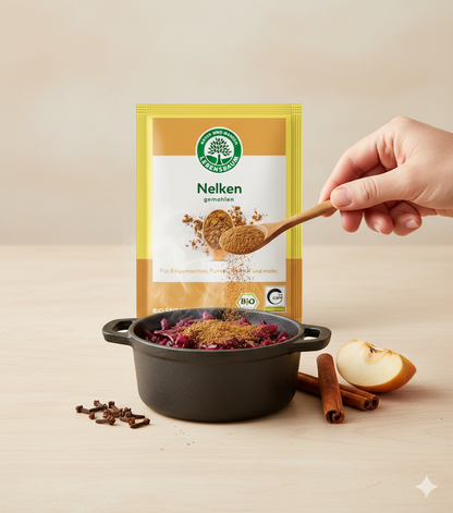 Gemahlene Bio Nelken von Lebensbaum, ideal zum Kochen, in einer 10g Verpackung, zeigt die gemahlenen Nelken in einer transparenten Schale