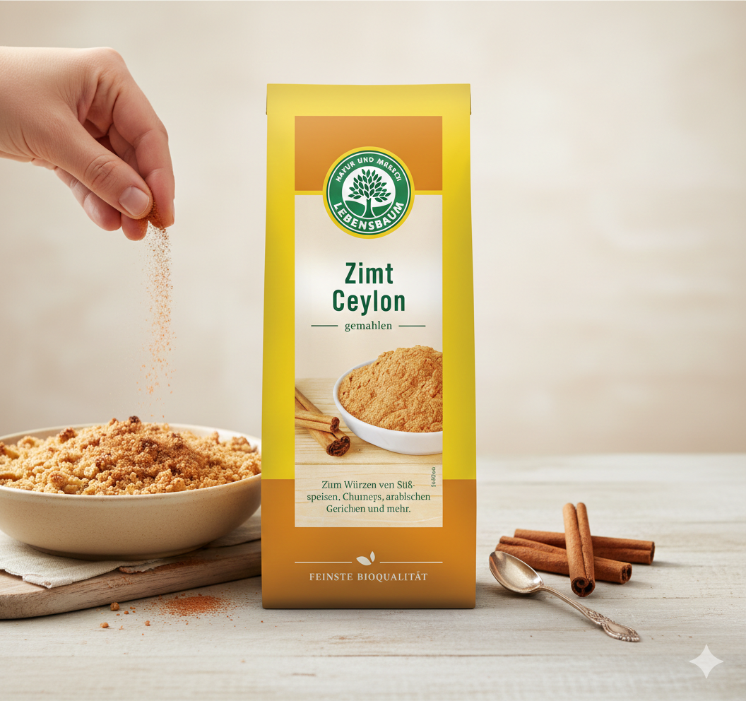 Gemahlener Ceylon-Zimt von Lebensbaum, Bio-Qualität, in einer transparenten Gewürzverpackung, ideal für Backen und Kochen