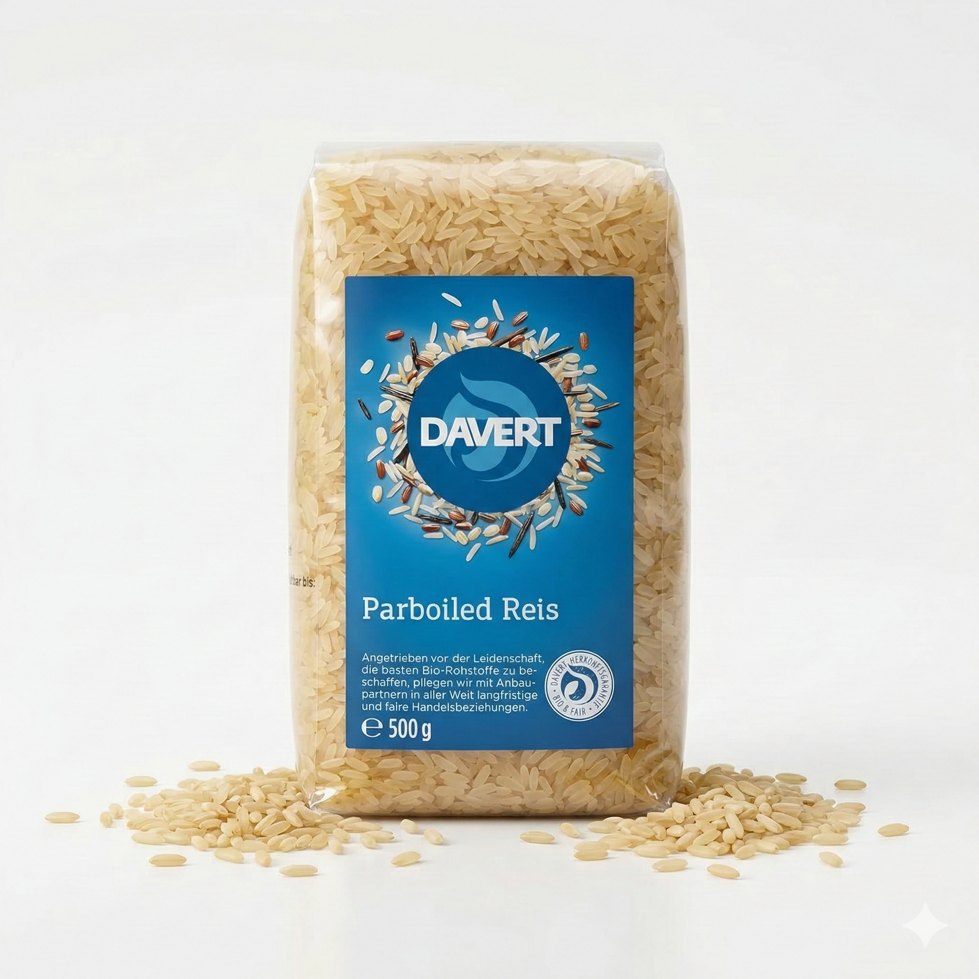 Weiße Langkorn Parboiled Reis von Davert in 4x500g Packung, perfekt zum Kochen und für vielfältige Gerichte.