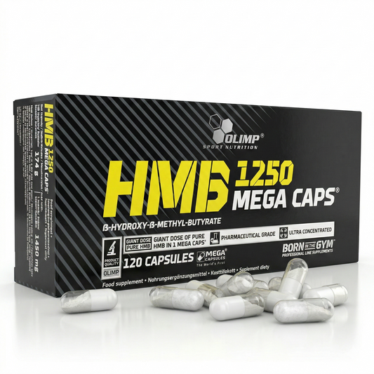Olimp HMB Mega Caps 1250mg, 120 Mineralien-Kapseln, geöffnete Packung mit Kapseln auf weißem Hintergrund