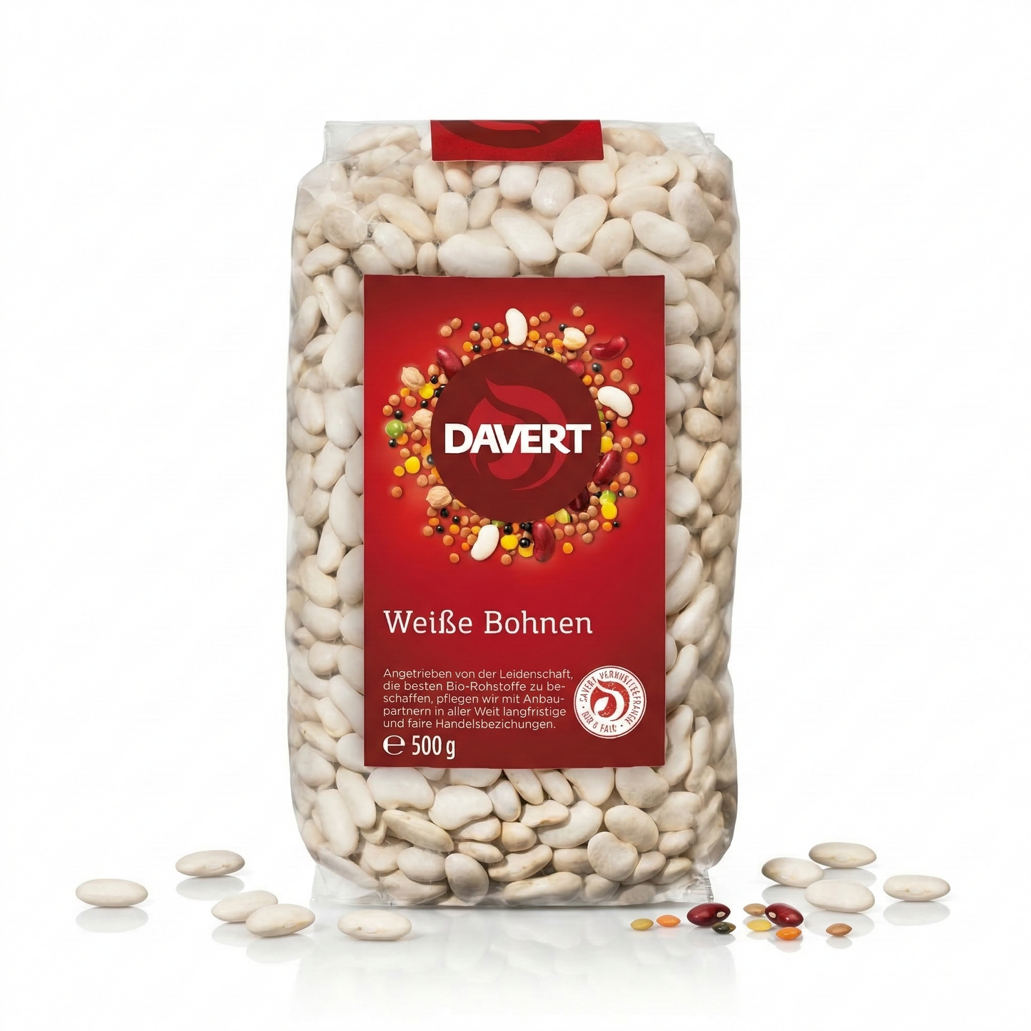 Weiße Bio-Bohnen von Davert in einer Schüssel, ideal zum Kochen, ab 500g. Frische, hochwertige Lebensmittel für gesunde Gerichte.