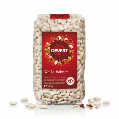 Weiße Bio-Bohnen von Davert in einer Schüssel, ideal zum Kochen, ab 500g. Frische, hochwertige Lebensmittel für gesunde Gerichte.