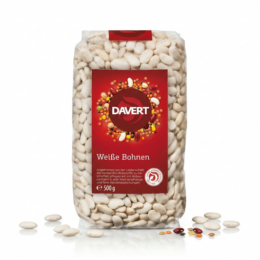 Weiße Bio-Bohnen von Davert in einer Schüssel, ideal zum Kochen, ab 500g. Frische, hochwertige Lebensmittel für gesunde Gerichte.