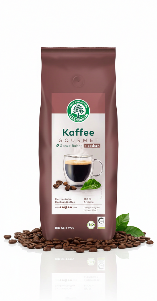 Lebensbaum Bio Gourmet Kaffee, ganze Bohnen, für Frühstück, in einer transparenten Packung, hochwertig und aromatisch.