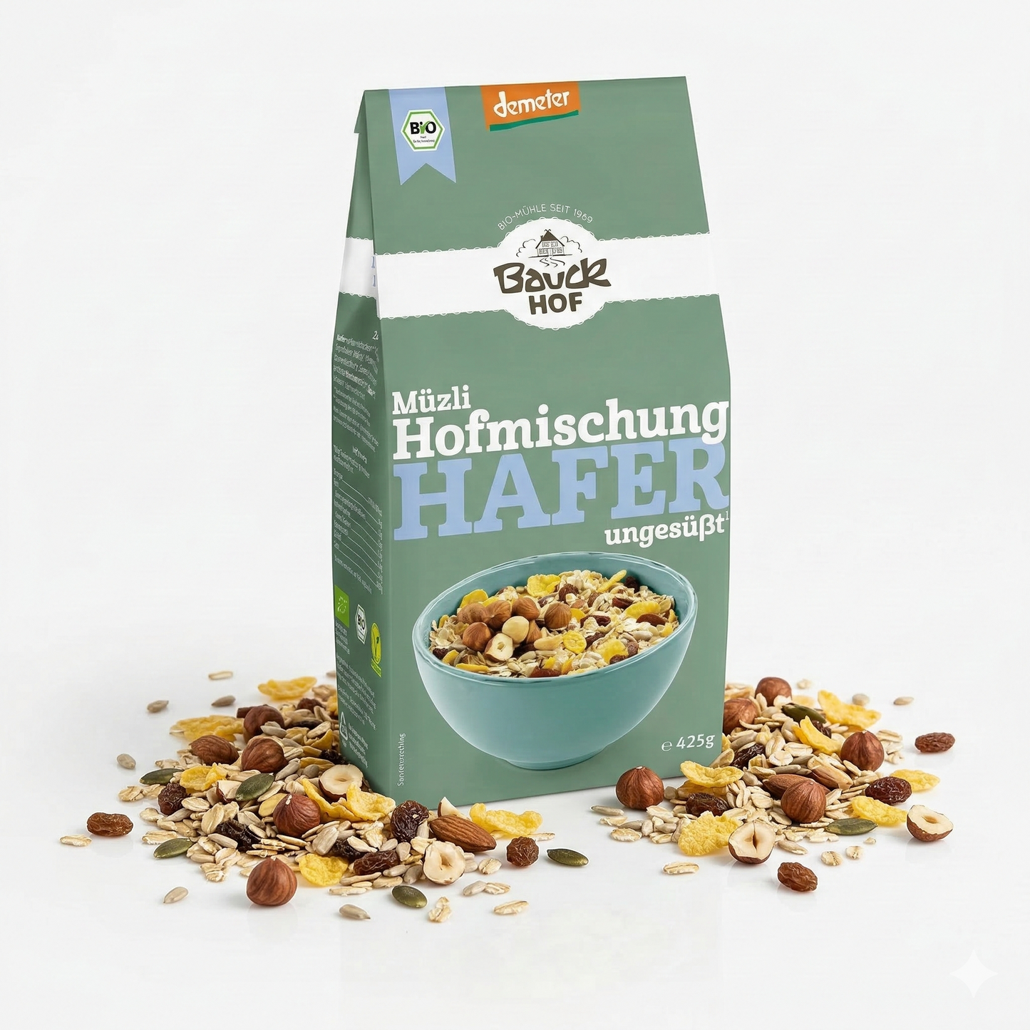 Bio Hafermüsli Hofmischung von Bauckhof, Demeter, Frühstücks-Müsli in 4x 425g Packungen, mit Haferflocken und Getreide.