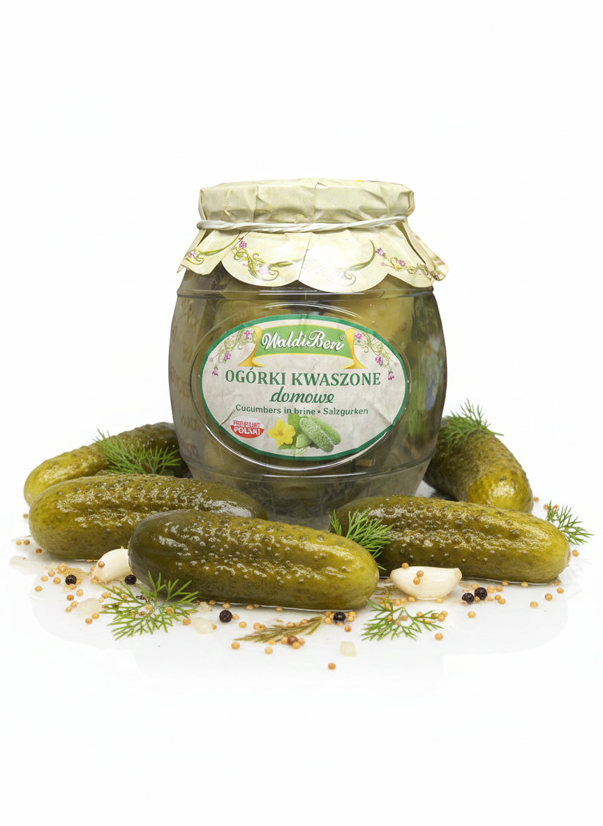 Eingelegte WaldiBen Faßsalzgurken in einem Glas, Teil des Kochprodukts, mit grünen Gurken und Salzlake sichtbar