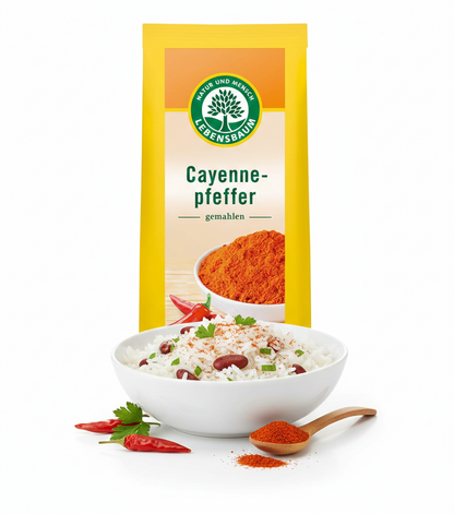Gemahlenes Bio Cayennepfeffer von Lebensbaum, Gewürz in 50g Packung, feines rotes Gewürz für scharfe Gerichte