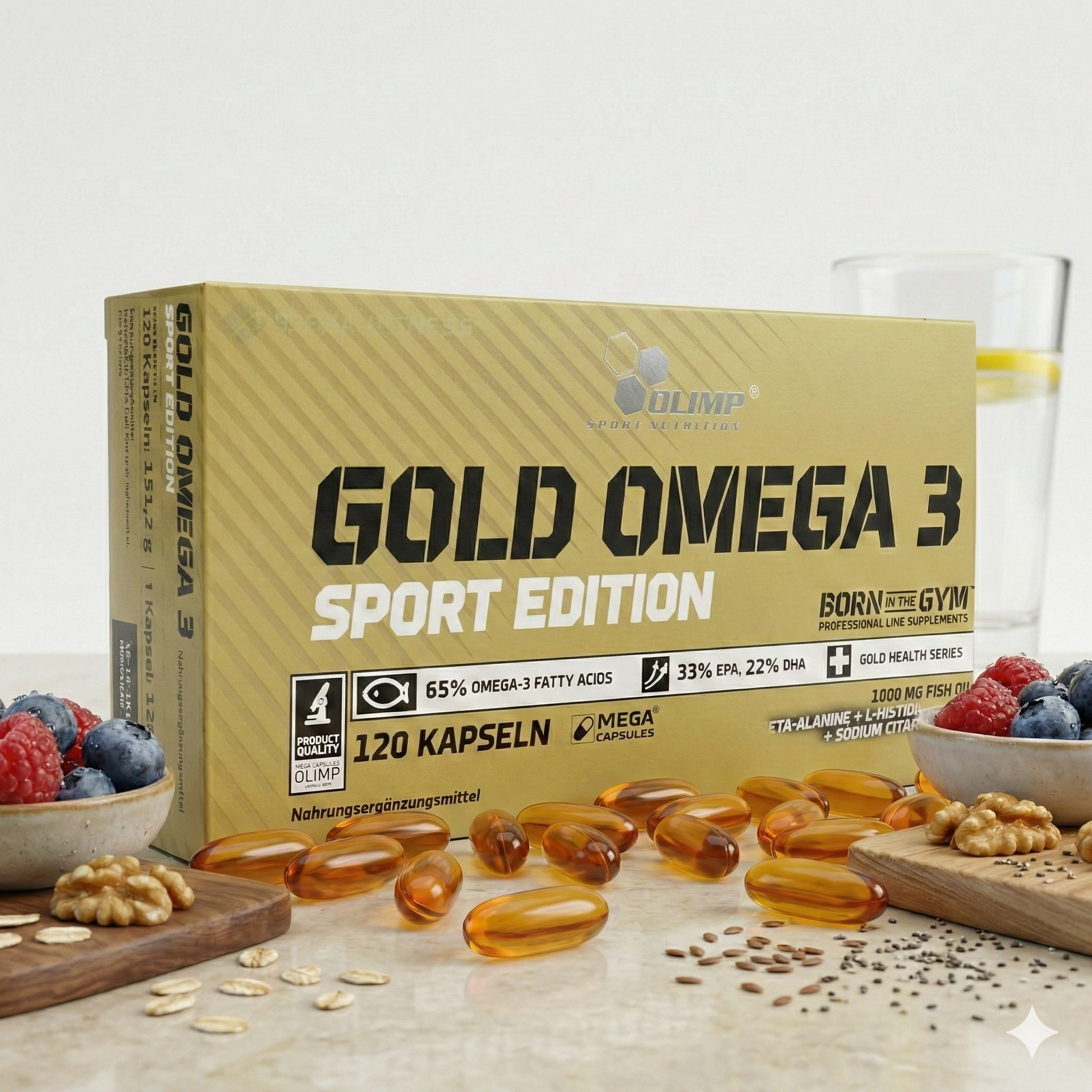 Omega 3 und CLA Kapseln von Olimp Gold Omega 3 Sport Edition, 120 Stück, Nahaufnahme der Verpackung