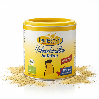 Bio Hühnerbouillon von Erntesegen, hefefrei, für das Kochen, in einer Verpackung mit 120g oder mehr, zeigt die Hühnerbrühe in der Packung.