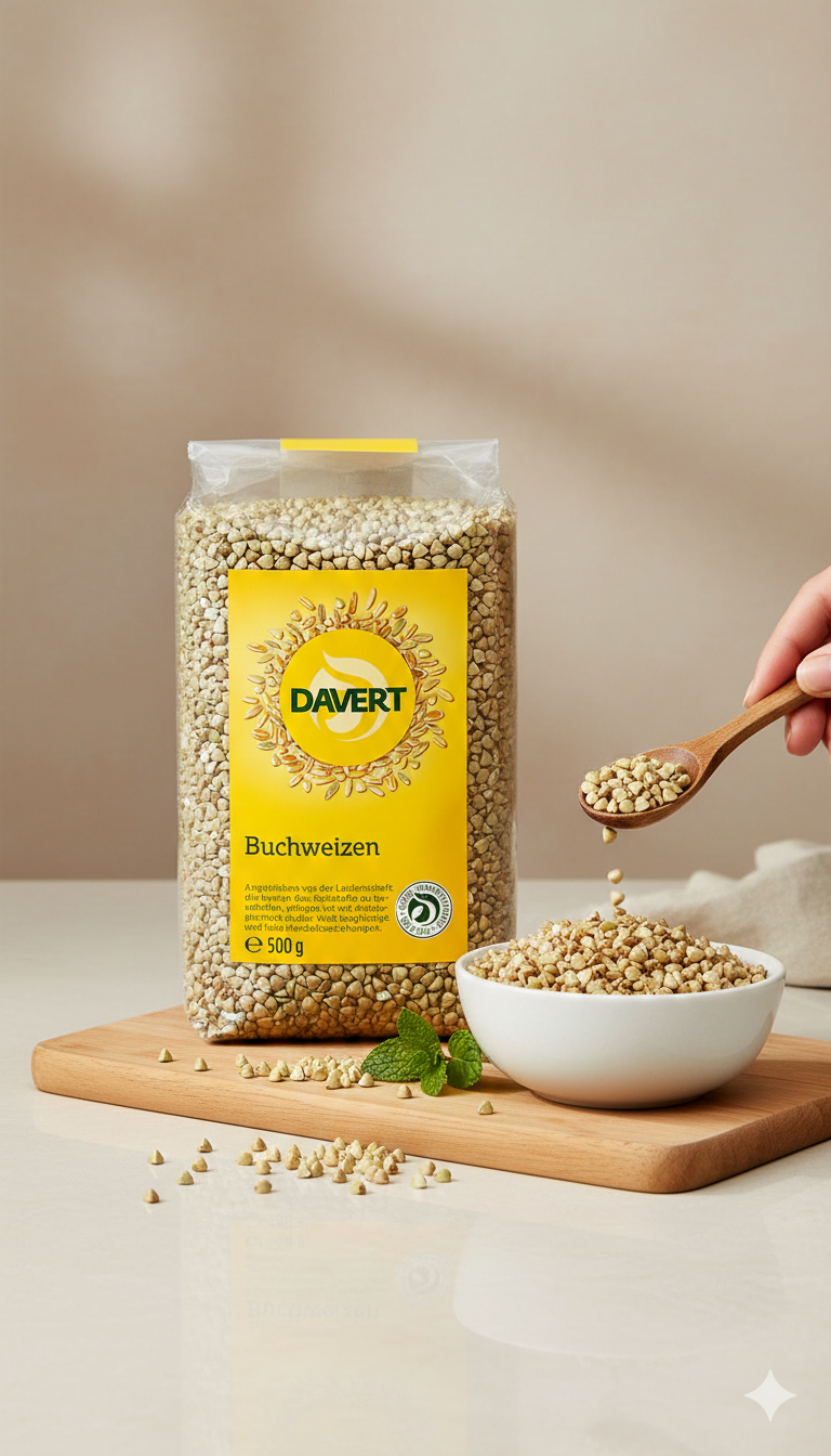 Bio Buchweizen von Lebensbaum, zum Backen geeignet, in einer 500g Packung, sichtbarer Inhalt in der Verpackung