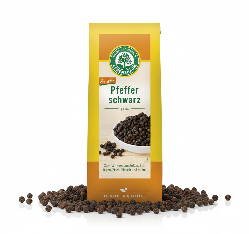 Schwarzer Bio-Pfeffer von Lebensbaum, ganze Pfefferkörner in einer Verpackung, für Gewürze und Saucen, 50 g.