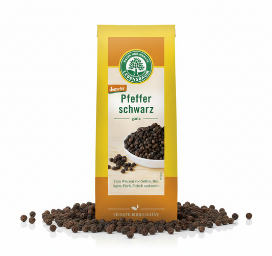 Schwarzer Bio-Pfeffer von Lebensbaum, ganze Pfefferkörner in einer Verpackung, für Gewürze und Saucen, 50 g.